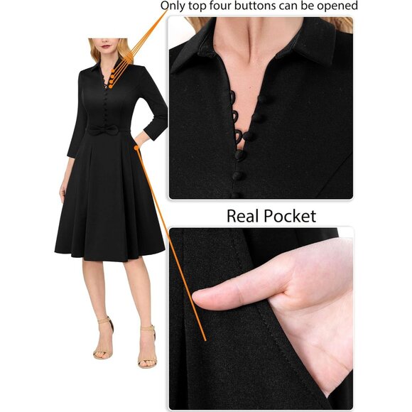 Women's Business Casual Dress V Neck Bow Belt Pockets A Line Fit Office - Picture 5 of 6